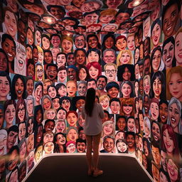 A captivating art installation titled 'Scattered Faces', designed as an immersive space where visitors encounter a multitude of random, expressive faces displayed around the room