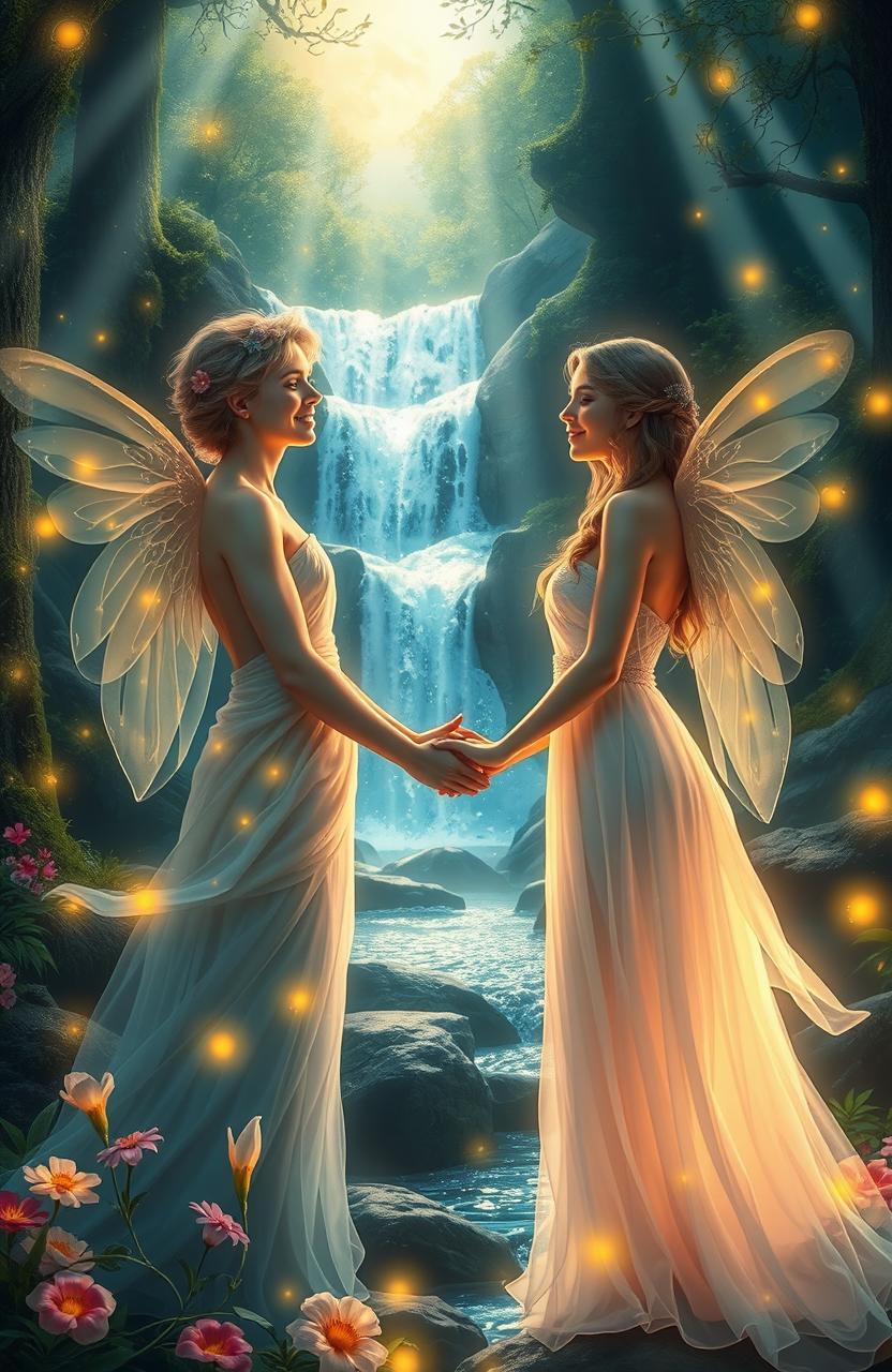 A magical love scene set in an enchanted forest, featuring two ethereal beings radiating warmth and light