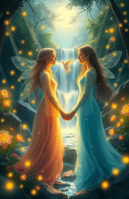 A magical love scene set in an enchanted forest, featuring two ethereal beings radiating warmth and light