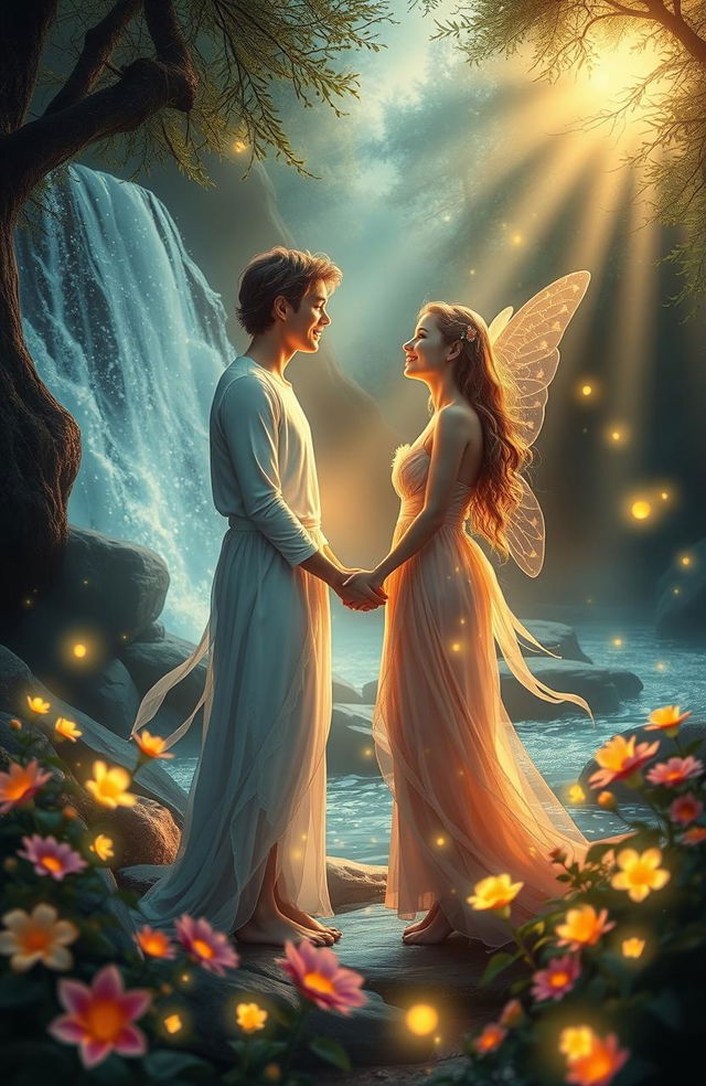 A magical love scene set in an enchanted forest, featuring two ethereal beings radiating warmth and light