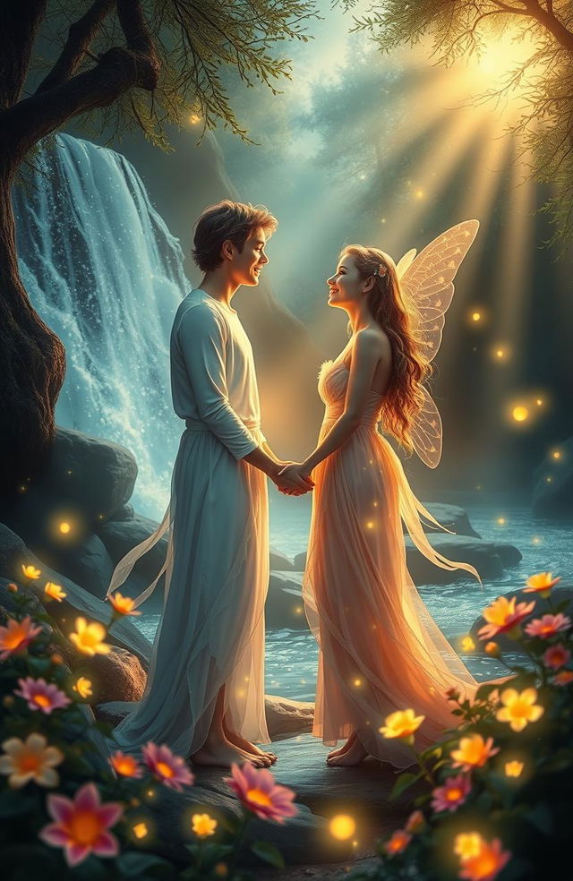 A magical love scene set in an enchanted forest, featuring two ethereal beings radiating warmth and light