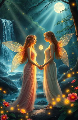 A magical love scene set in an enchanted forest, featuring two ethereal beings radiating warmth and light