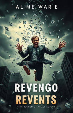 A surreal book cover depicting a schizophrenic architect amidst a chaotic backdrop