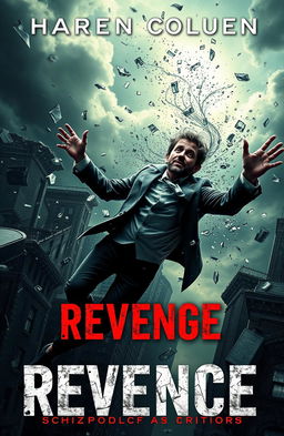 A surreal book cover depicting a schizophrenic architect amidst a chaotic backdrop