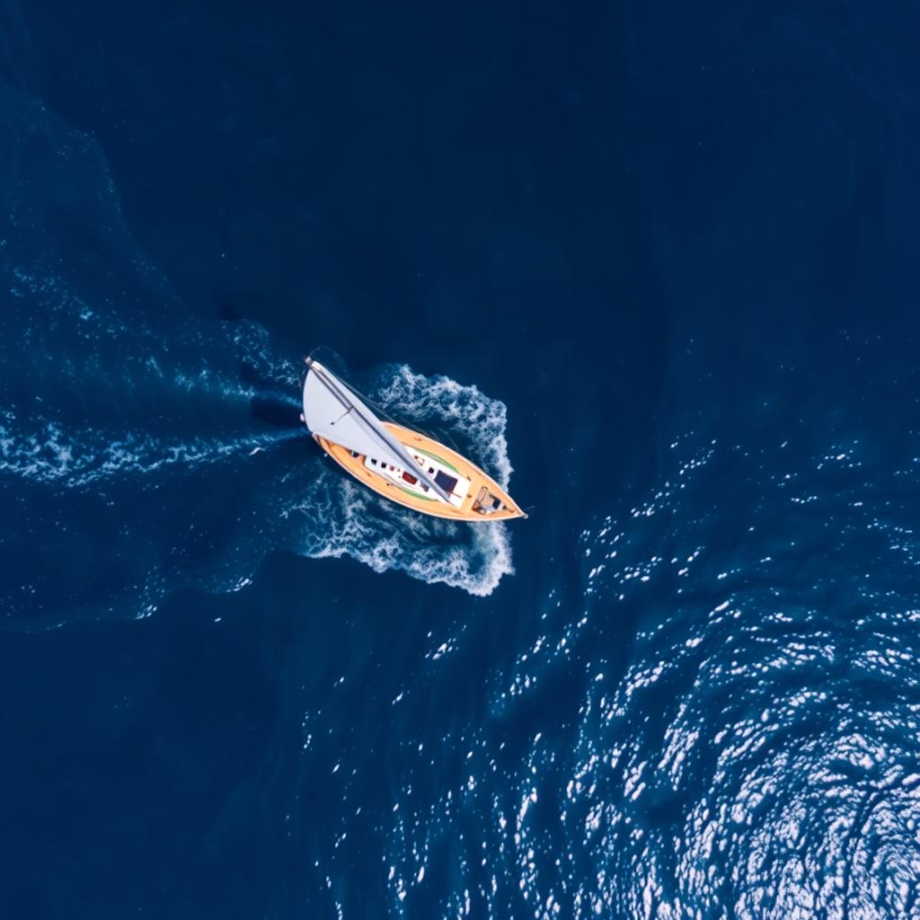 An aerial view of a beautiful sailboat navigating through the open sea