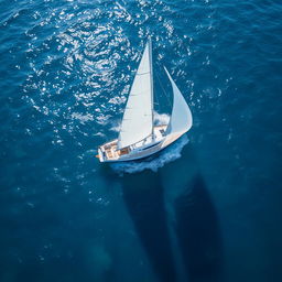 An aerial view of a beautiful sailboat navigating through the open sea