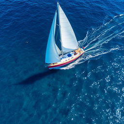 An aerial view of a beautiful sailboat navigating through the open sea