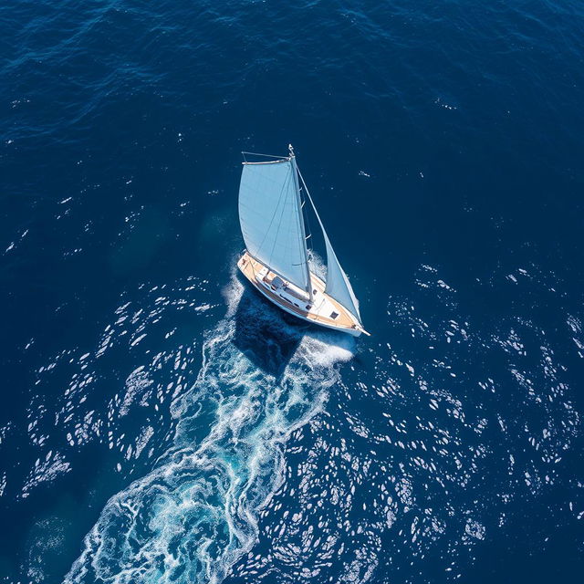 An aerial view of a beautiful sailboat navigating through the open sea