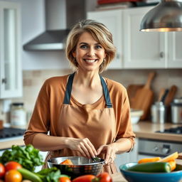 A beautiful American woman aged 40 to 45 with a fashionable hairstyle, wearing modest yet stylish clothing