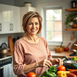A beautiful American woman aged 40 to 45 with a fashionable hairstyle, wearing modest yet stylish clothing