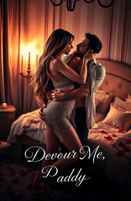A passionate and intimate scene depicting a confident woman with long, flowing hair and sultry eyes, embracing a ruggedly handsome man in a luxurious, candle-lit bedroom