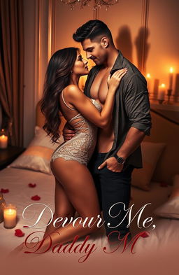 A passionate and intimate scene depicting a confident woman with long, flowing hair and sultry eyes, embracing a ruggedly handsome man in a luxurious, candle-lit bedroom