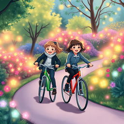 An illustration in A4 size featuring two children riding bicycles in a park, dressed in smart and modest sports clothing