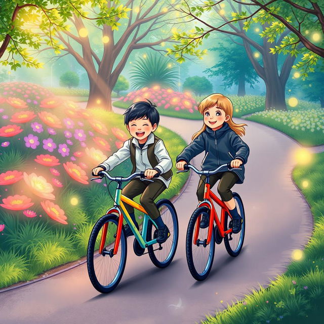 An illustration in A4 size featuring two children riding bicycles in a park, dressed in smart and modest sports clothing