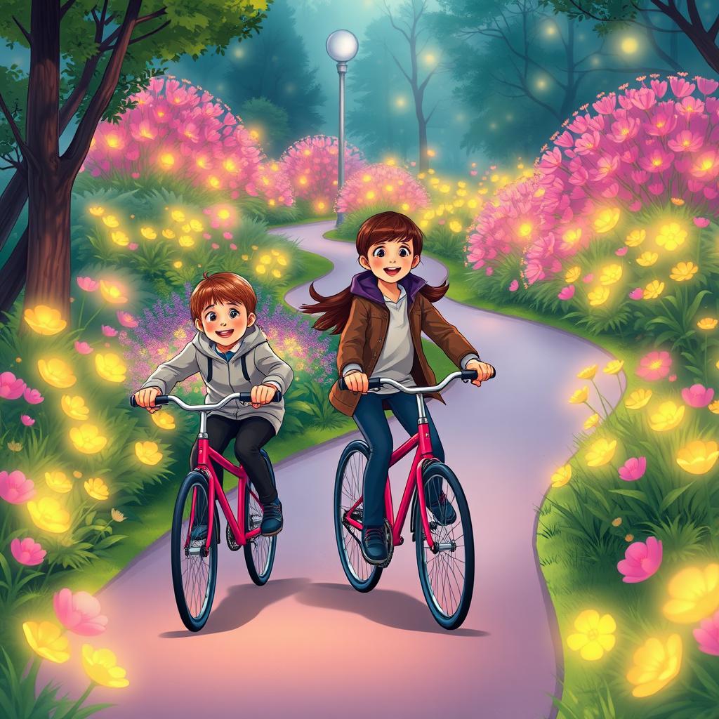 An illustration in A4 size featuring two children riding bicycles in a park, dressed in smart and modest sports clothing