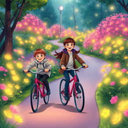 An illustration in A4 size featuring two children riding bicycles in a park, dressed in smart and modest sports clothing