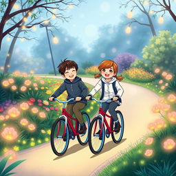An illustration in A4 size featuring two children riding bicycles in a park, dressed in smart and modest sports clothing