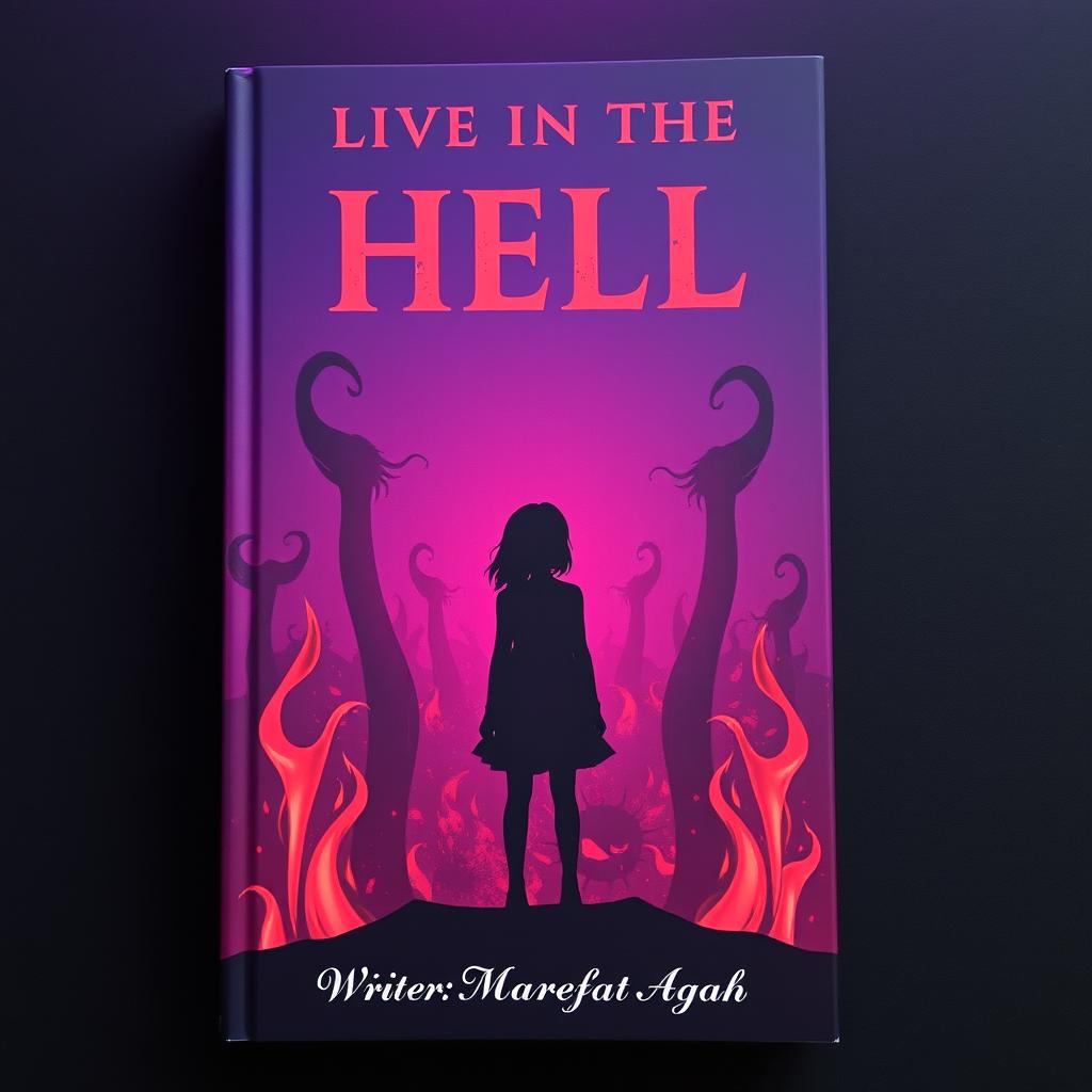 A dramatic book cover design featuring a dark purple background infused with dark red flames that flicker ominously