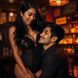 A tall and seductive Japanese woman with big boobs, exuding sensuality and confidence as she leans slightly over a shorter man