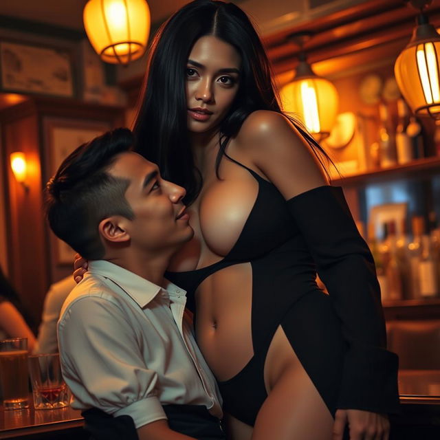 A tall and seductive Japanese woman with big boobs, exuding sensuality and confidence as she leans slightly over a shorter man