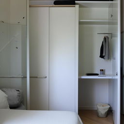 A cozy single bedroom featuring a sliding wardrobe, a single bed, and a foldable study table equipped with a shelf for book storage.