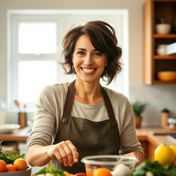 A beautiful American woman aged 40 to 45 with a fashionable hairstyle, dressed in modest yet stylish clothing, joyfully cooking in a well-lit kitchen