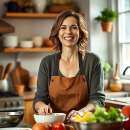 A beautiful American woman aged 40 to 45 with a fashionable hairstyle, dressed in modest yet stylish clothing, joyfully cooking in a well-lit kitchen