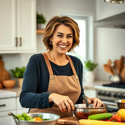 A beautiful American woman aged 40 to 45 with a fashionable hairstyle, dressed in modest yet stylish clothing, joyfully cooking in a well-lit kitchen