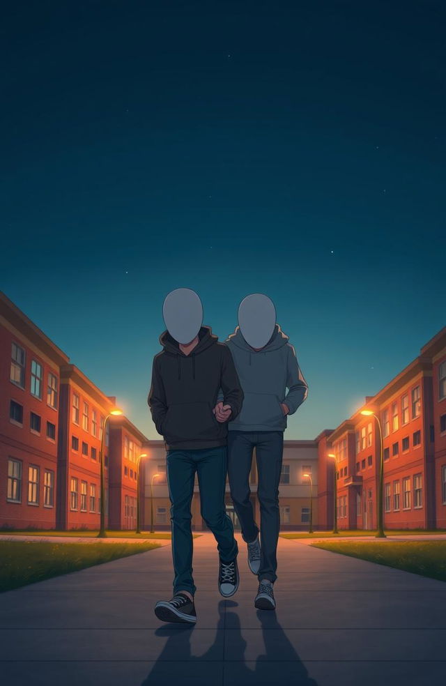 Two faceless male figures holding hands in a school setting during the evening