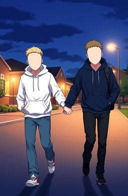 Two faceless male figures holding hands in a school setting during the evening