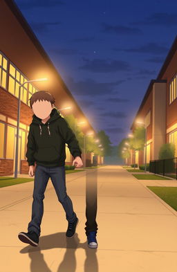 Two faceless male figures holding hands in a school setting during the evening