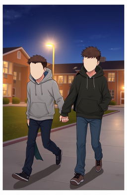Two faceless male figures holding hands in a school setting during the evening