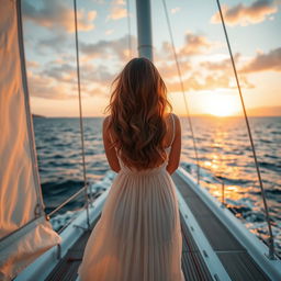 A woman seen from behind, standing on the deck of a sailboat, gazing out at the vast ocean