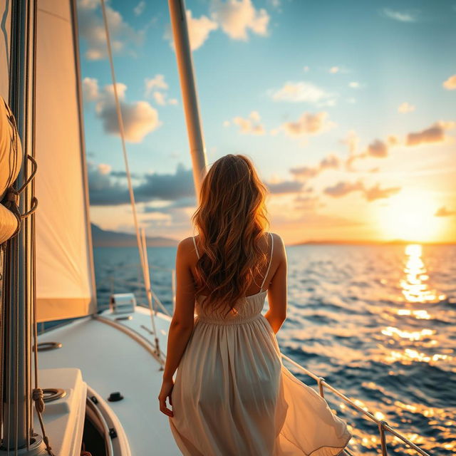 A woman seen from behind, standing on the deck of a sailboat, gazing out at the vast ocean