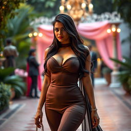 A tall and alluring Indian woman with big boobs, exuding sensuality and confidence as she strolls gracefully through an elegant setting