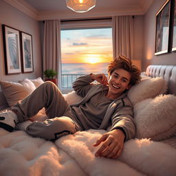 A playful and cheeky portrayal of a young man lounging on a lavishly adorned bed