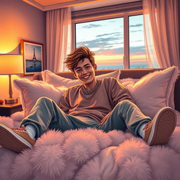 A playful and cheeky portrayal of a young man lounging on a lavishly adorned bed
