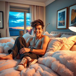 A playful and cheeky portrayal of a young man lounging on a lavishly adorned bed