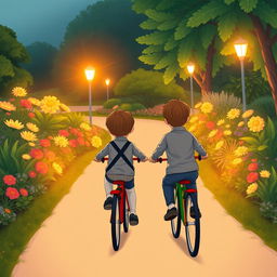 An illustration capturing two children riding bicycles in a park from a distance, dressed in smart and modest sports clothing