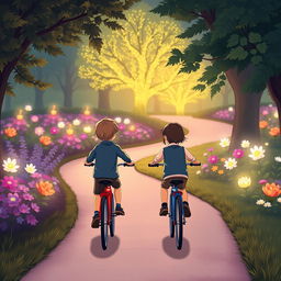An illustration capturing two children riding bicycles in a park from a distance, dressed in smart and modest sports clothing