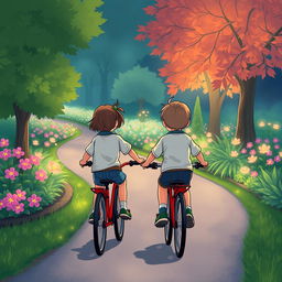 An illustration capturing two children riding bicycles in a park from a distance, dressed in smart and modest sports clothing