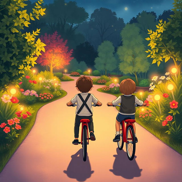 An illustration capturing two children riding bicycles in a park from a distance, dressed in smart and modest sports clothing