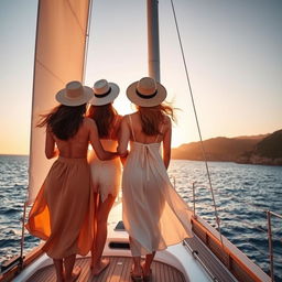 Three women seen from behind, standing on the deck of a sailboat, admiring the vast ocean ahead