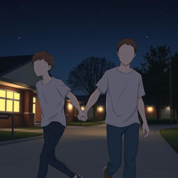 Two faceless male figures holding hands in a school environment during the night