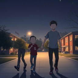 Two faceless male figures holding hands in a school environment during the night