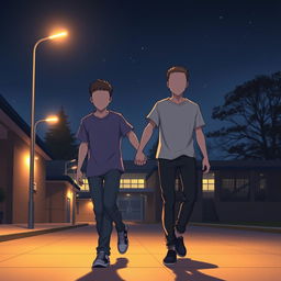 Two faceless male figures holding hands in a school environment during the night