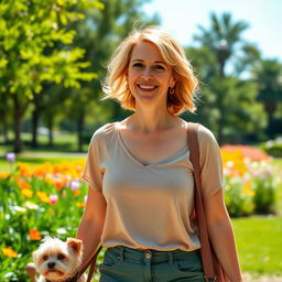 A beautiful American woman aged 40 to 45 with a fashionable hairstyle, wearing modest yet stylish clothing, walking in a park with a small dog