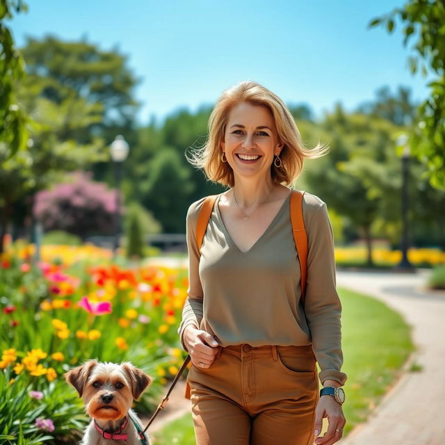 A beautiful American woman aged 40 to 45 with a fashionable hairstyle, wearing modest yet stylish clothing, walking in a park with a small dog