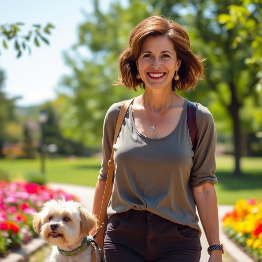 A beautiful American woman aged 40 to 45 with a fashionable hairstyle, wearing modest yet stylish clothing, walking in a park with a small dog