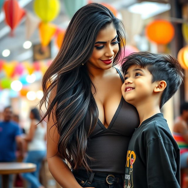 A tall and striking Indian woman with big boobs, radiating sensuality and charm as she interacts playfully with a teen boy